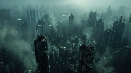 Imagine a dystopian city with towering skyscrapers, dense smog, and stark contrasts between wealthy and impoverished areas 