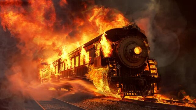 Train Engulfed in Flames seamless looping time-lapse virtual 4k video animation background.