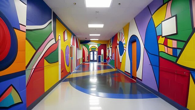 A detailed shot of the colorful and abstract murals adorning the walls of a school adding a creative touch to the contemporary design.