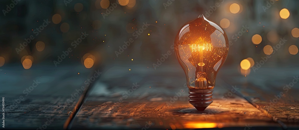 Poster an illuminated light bulb resting on a rustic wooden table, casting a warm glow in the background