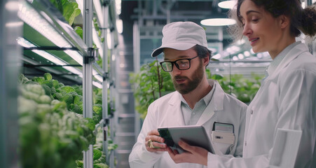 Naklejka premium food engineers wearing white coats and hair covers on their heads, standing in front of an indoor farm with green plants growing inside transparent plastic boxes