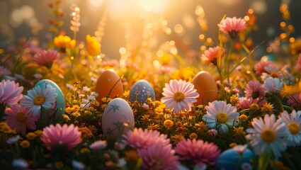 Fototapeta na wymiar Enchanted Easter garden with colorful eggs, blooming flowers, whimsical bunnies, under a soft sunrise