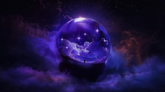 Magic Crystal Ball Amidst Purple Cosmic Hues seamless looping time-lapse virtual 4k video animation background.