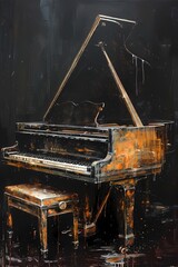 Oil painting of Grand piano music instrument, set against dark  background, art work for wall art, home decor and wallpaper 