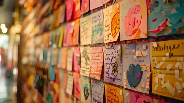 A wall filled with vibrant calligraphy samples showcasing the boutiques customization options for handwritten notes.