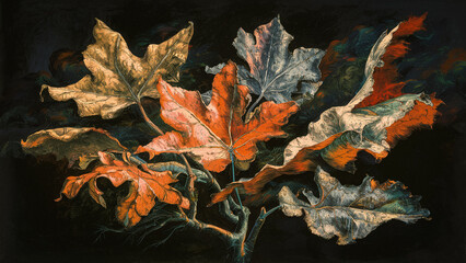 Sycamore tree leaves depicted as oil painting in autumn colors.