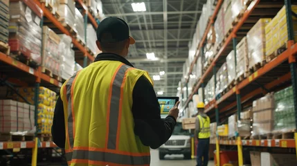 Foto op Canvas A warehouse worker in a yellow safety vest and black pants stands with an iPad, holding the tablet screen up to his chest while walking through shelves filled with boxes of goods © Kien