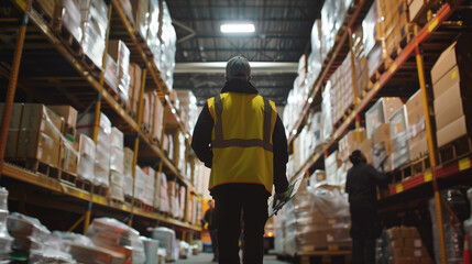 A warehouse worker in a yellow safety vest and black pants stands with an iPad, holding the tablet screen up to his chest while walking through shelves filled with boxes of goods
