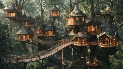 Imagine a village of elaborate treehouses in a forest, connected by bridges, with communal areas and hidden nooks - obrazy, fototapety, plakaty