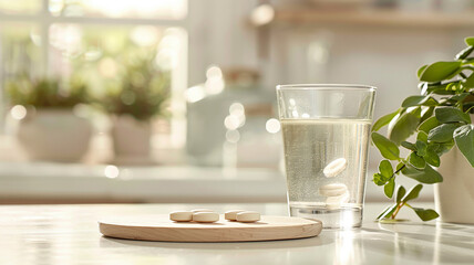 Effervescent tablets in a glass of water and pills on the table with natural light from the window.