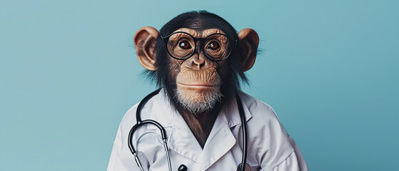 Spectacled chimpanzee wearing blouse with stethoscope on light blue background.