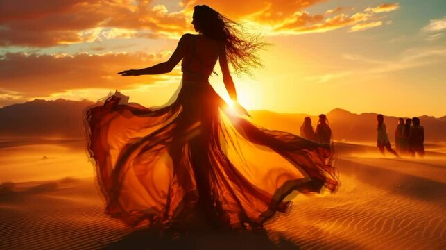 A Beautiful Woman's Sunset Dance seamless looping time-lapse virtual 4k video animation background.