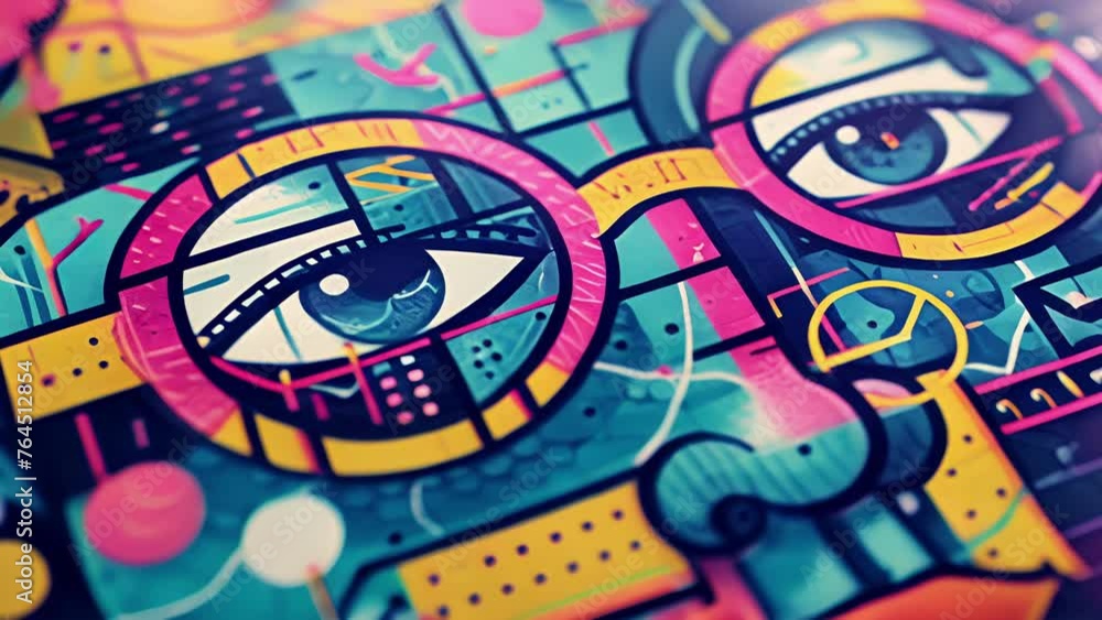 Poster a macro shot of a poster section titled connecting themes across subjects featuring colorful illustr