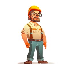 Cheerful Construction Worker in Cartoon Style Portrait with Glasses and Hard Hat