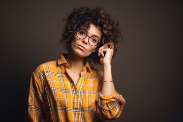 Fashionable young woman in glasses and checkered shirt. Studio shot.