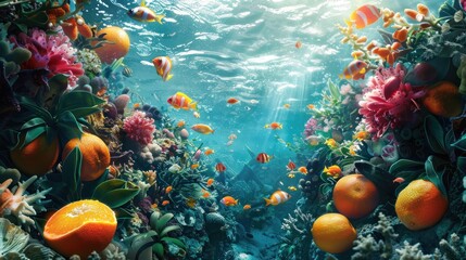 Fototapeta na wymiar Imagine an undersea world where coral reefs and marine life are replaced with fruits, offering a vibrant and surreal oceanic landscape