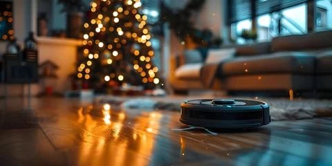 Fotobehang Robot vacuum tidies up under lit Christmas tree in modern smart home. Concept Smart Home Technology, Christmas Decor, Robot Vacuum, Holiday Season, Modern Living © Ян Заболотний