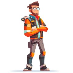 Cheerful Robotics Engineer in Flat Design A Male Programmer in Techwear with a Backpack on a White Background
