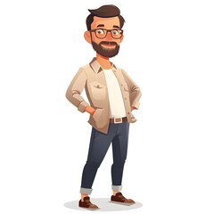 Cheerful Researcher in Cartoon Style: Full-Length Portrait with Glasses and Beard