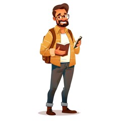 Cheerful Bearded Man Enjoying Reading in Cartoon Style Isolation