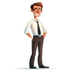 Cheerful Insurance Expert in Cartoon Style: A Confident Office Worker Wearing Glasses and Business Casual Attire