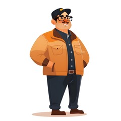 Cheerful Transport Manager in Flat Design Cartoon Overweight Worker with Glasses, Mustache, and Yellow Vest