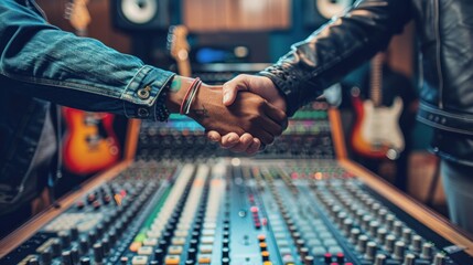 In a recording studio, amidst guitars and mixing boards, a rising star musician and a record label executive shake hands, signifying the discovery