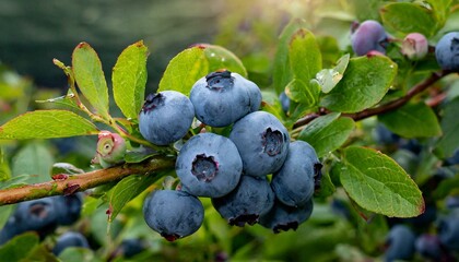 Nature's Bounty: Ripe Blueberries Glisten on the Vine, Ready for Harvest"