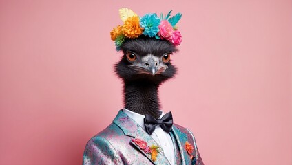 A quirky emu dons a flamboyant suit and a flower hat set against a pink background