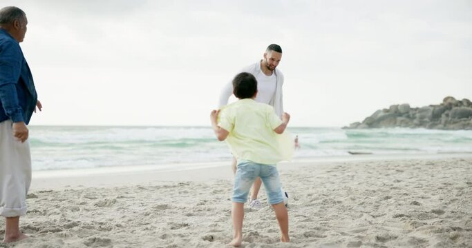 Father, boy children and soccer ball at beach with grandfather, games or bonding on vacation in summer. Men, kids and football for connection, love and happy on holiday in sunshine by ocean in Brazil