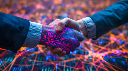 Digital Handshake Over Cityscape, Symbolizing Business and Technology Partnership