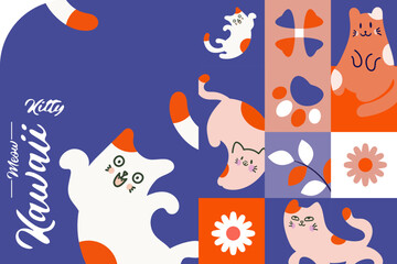 Fototapeta premium Kawaii Cats vector illustration Smiling Kitty, cute and round-faced cat