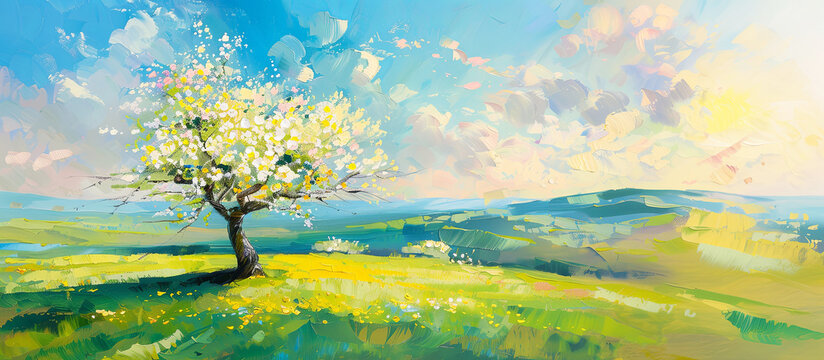 Minimalist landscape. Nature banner with spring flowers. Oil painting art