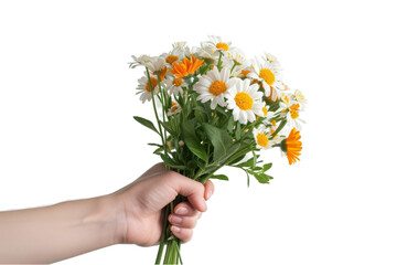 A close-up and realistic photo of a bouquet in a hand, isolated white background...