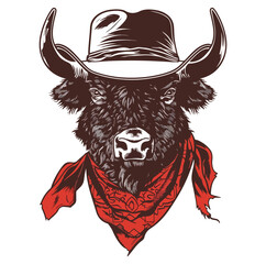 Bison Head wearing wearing cowboy hat and bandana around neck