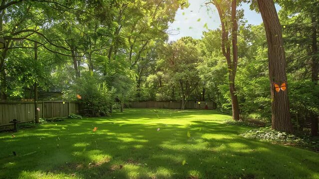green large fenced backyard with trees and sunlight. seamless looping overlay 4k virtual video animation background