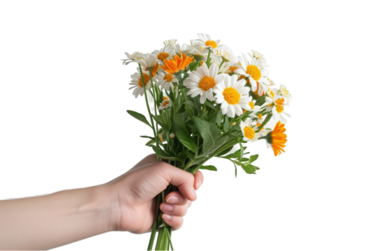 A close-up and realistic photo of a bouquet in a hand, isolated white background...