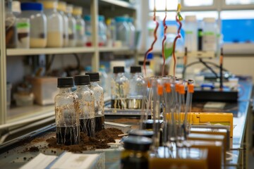 An environmental laboratory with samples of soil, water, and air being analyzed for pollutants and contaminants, Generative AI