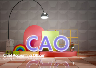 Text Acronym CAO - Chief accounting officer on color podium, lamp and elegant background	