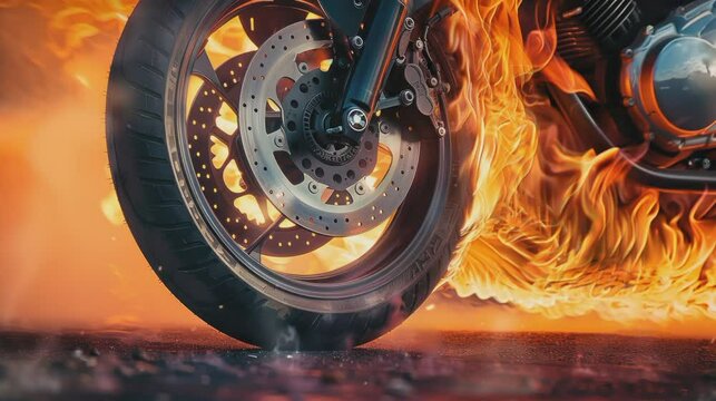 Close-Up of Burning Motorcycle Tire seamless looping time-lapse virtual 4k video animation background.