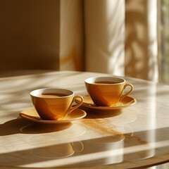 Obraz premium Coffee on the table in cafe. Warm and comfortable air and atmosphere.
