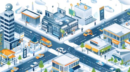Model a sector of a smart city with intelligent buildings, autonomous vehicles, and digital signage, focusing on connectivity and efficiency 
