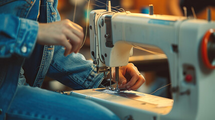 a worker sews jeans in a factory. hands and sewing machine close-up - obrazy, fototapety, plakaty