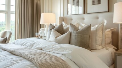 country interior design of a modern scandinavian bedroom in light colors with white pillows