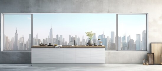 Sleek and contemporary kitchen interior with large windows showing a beautiful view of the city skyline