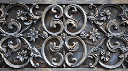 A detailed decorative grid made of wrought iron.