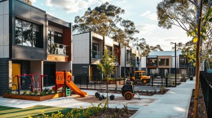 Modern suburban townhouses with mini construction vehicles preparing communal areas like...