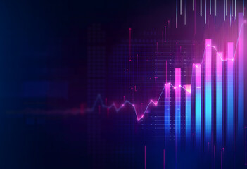 Modern Financial Tech Display: Neon Glow Bar Graph and Trading Charts on Dark Blue Gradient