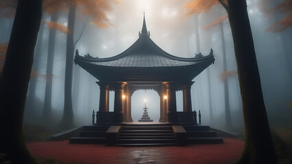 a veiled shrine hidden in the heart of a misty forest