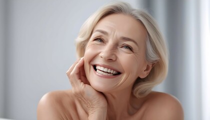 Happy beautiful blonde older mature lady touching facial skin looking away with perfect toothy smile laughing enjoying elderly beauty care thinking on good skincare result - obrazy, fototapety, plakaty